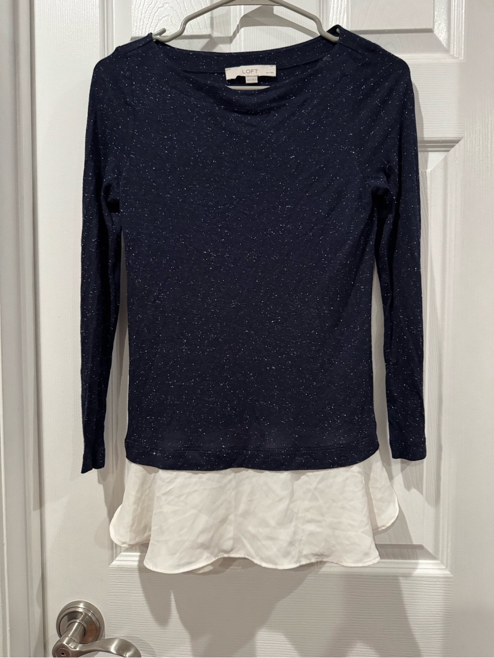LOFT Navy and White Layered Hem Knit Top
